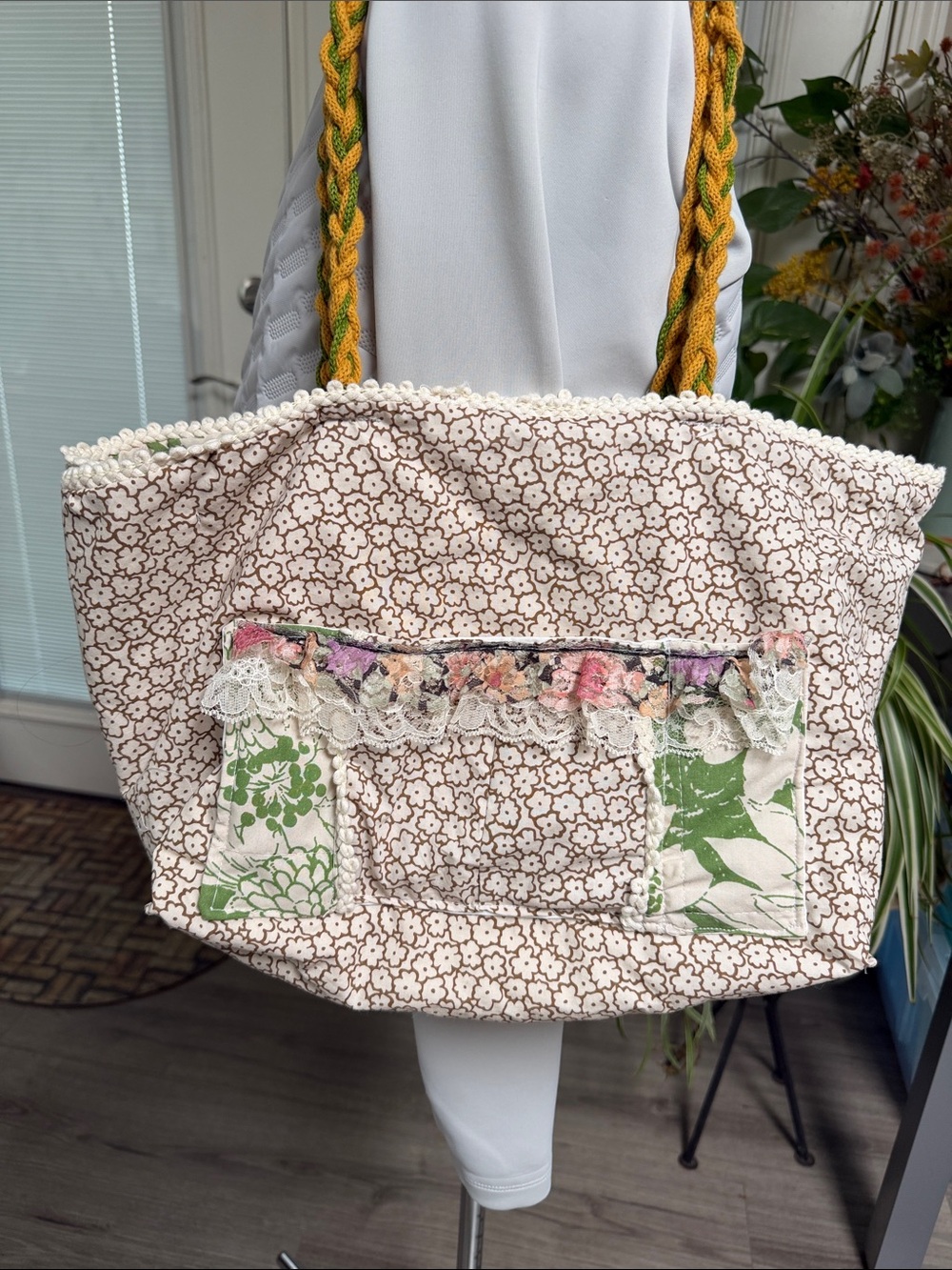 Handmade Reversible sizable Floral Patchwork Tote Bag in Beige and Green